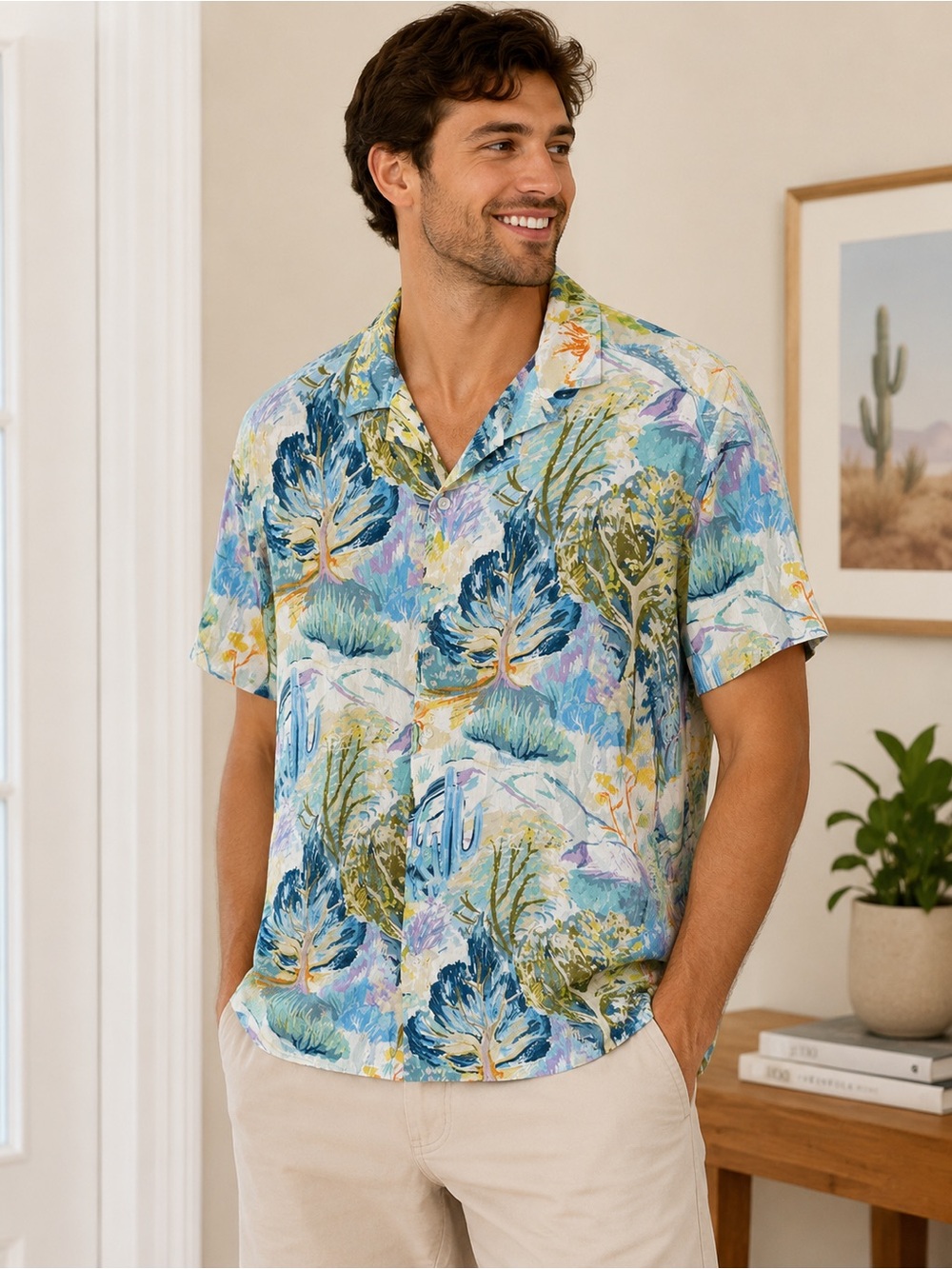 H&M Men’s Short Sleeve Tropical Button-Down in Blue, Green and Yellow XL